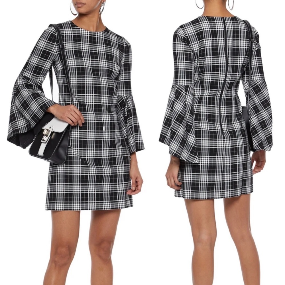 Alice + Olivia Thym Checked Bell Sleeve Twill Mini Dress - Size 2